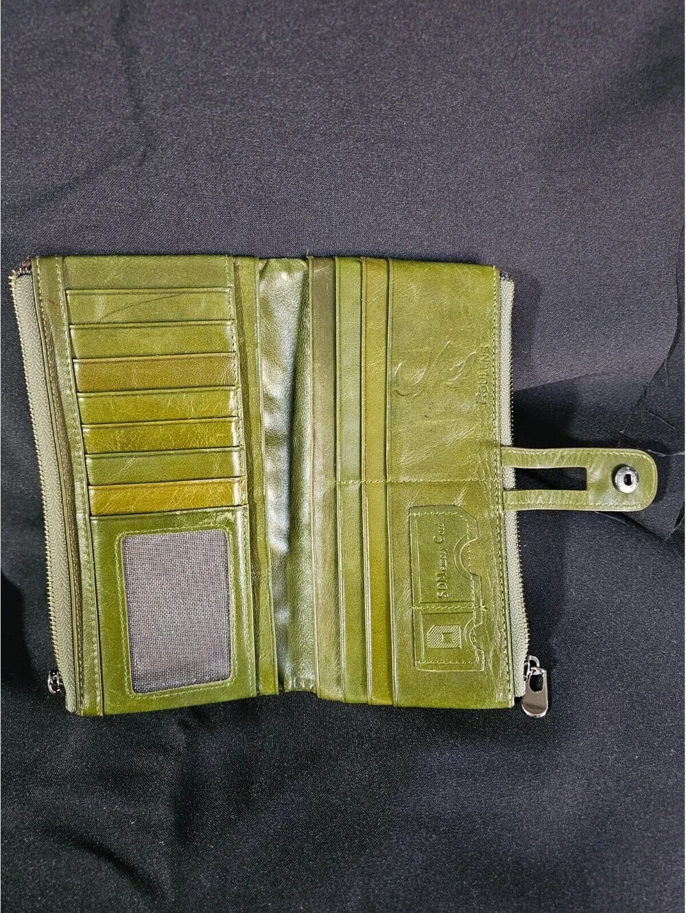 VTG Roulens Green Zip-Around Folding Wallet with ID Window Photo Holder Leather